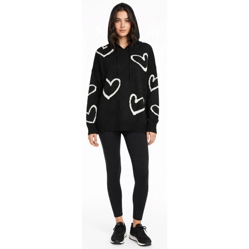 Just Polly Hooded Sweater XL Black White Hearts Knit Pullover Hoodie NWT